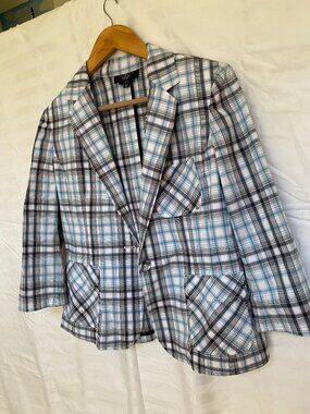 NWT Talbots Petites Blazer 12P – Madras Plaid – White Blue Black